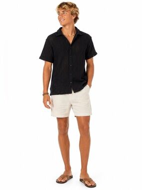 Free Planet Men's Black Short-Sleeve crotchet Button-Down Shirt-00B